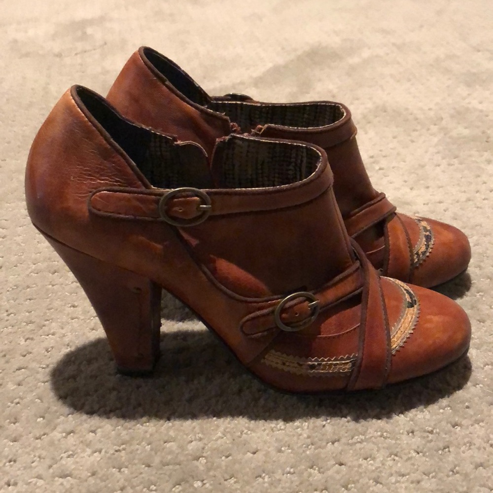 Women’s Cognac Brown Leather Ankle Booties with Decorative Buckles